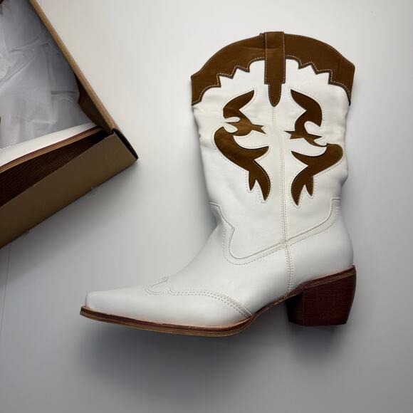 Women White Patchwork Cowboy Boots Wide Calf Western Cowgirl Mid Calf - Picture 3 of 11